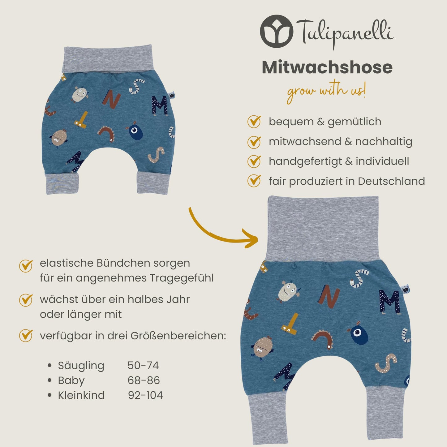 Growing Baby Baggy Trousers Made of Cotton Jersey - Handmade Growing Trousers Baby Trousers for Boys - Sizes 50-74 | 68-86 | 92-104 (Mini Rainbow Brown, 50-74)