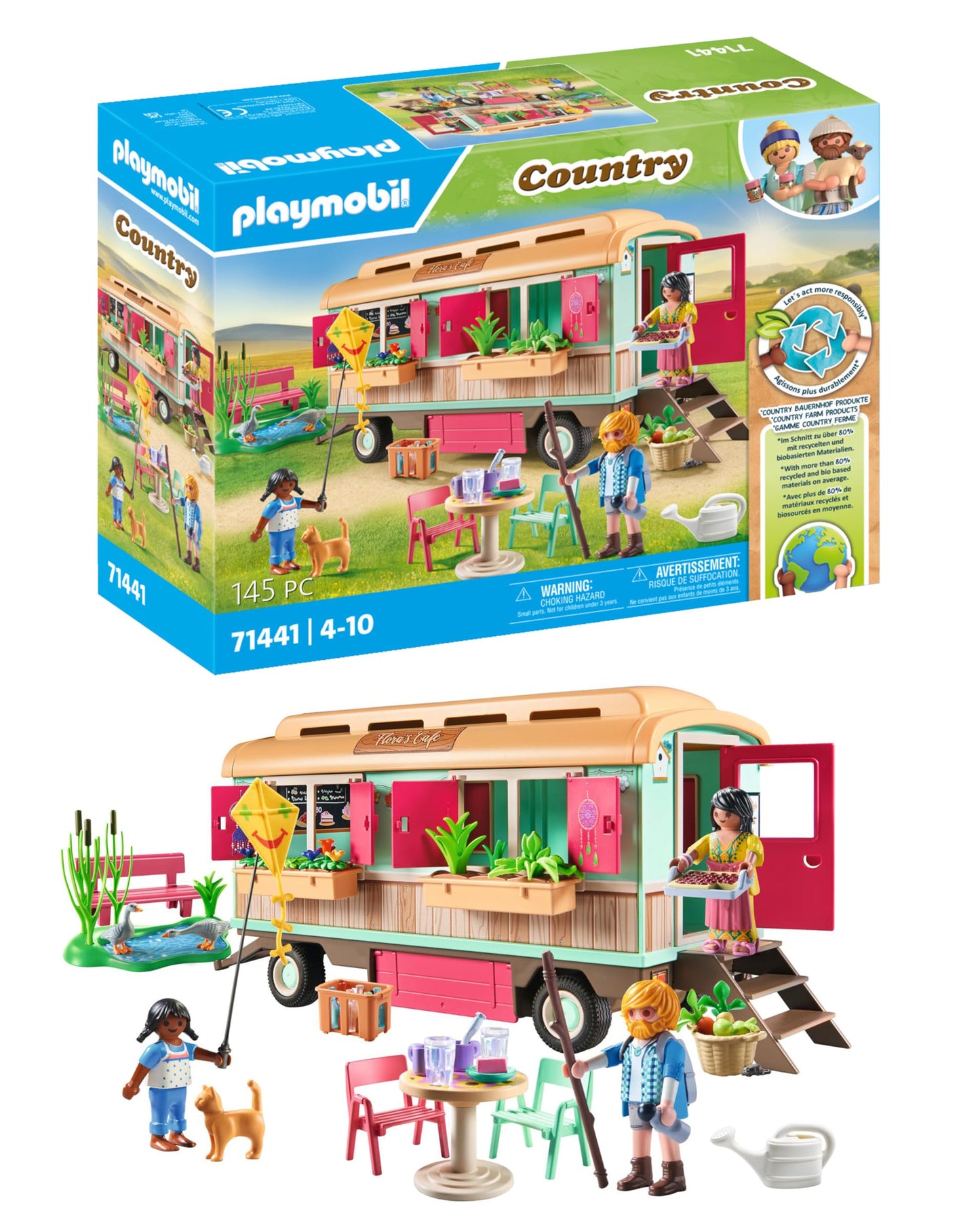 PLAYMOBIL Country 71441 Gemütliches Bauwagencafé, spielerisches Lernen mit liebevoll gestaltetem Bauwagen, detailreicher Austattung und einem Gänseteich, nachhaltiges Spielzeug für Kinder ab 4 Jahren