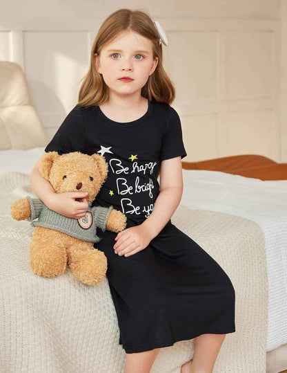 Arshiner Nightdress Girls Short Sleeve Pyjamas Children's Sleep Dress Cat Unicorn Crew Neck Night Dress 4-12 Years