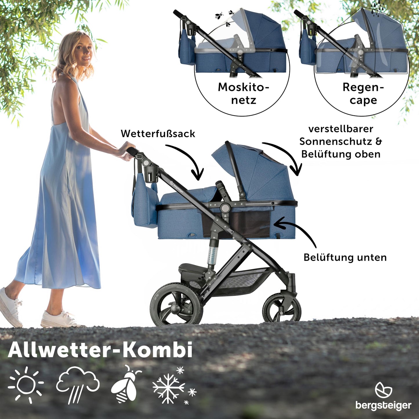 Bergsteiger Nizza 3 in 1 Kinderwagen, Kombikinderwagen Komplettset, Auto-Babyschale & Isofix Station, Babywanne & Buggy Sportsitz inklusive