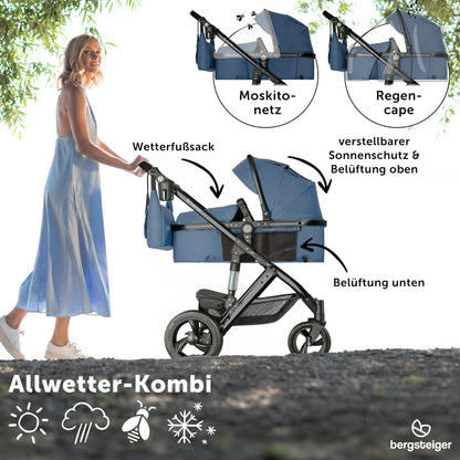 Bergsteiger Nizza 3 in 1 Kinderwagen, Kombikinderwagen Komplettset, Auto-Babyschale & Isofix Station, Babywanne & Buggy Sportsitz inklusive