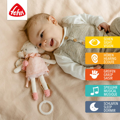 Fehn Mini-Spieluhr Fee – Kuscheltier & Einschlafhilfe: Aufzieh-Spieluhr mit sanfter Melodie „Schwanensee“ beruhigt in jeder Situation – für Babys und Kleinkinder ab 0+ Monaten