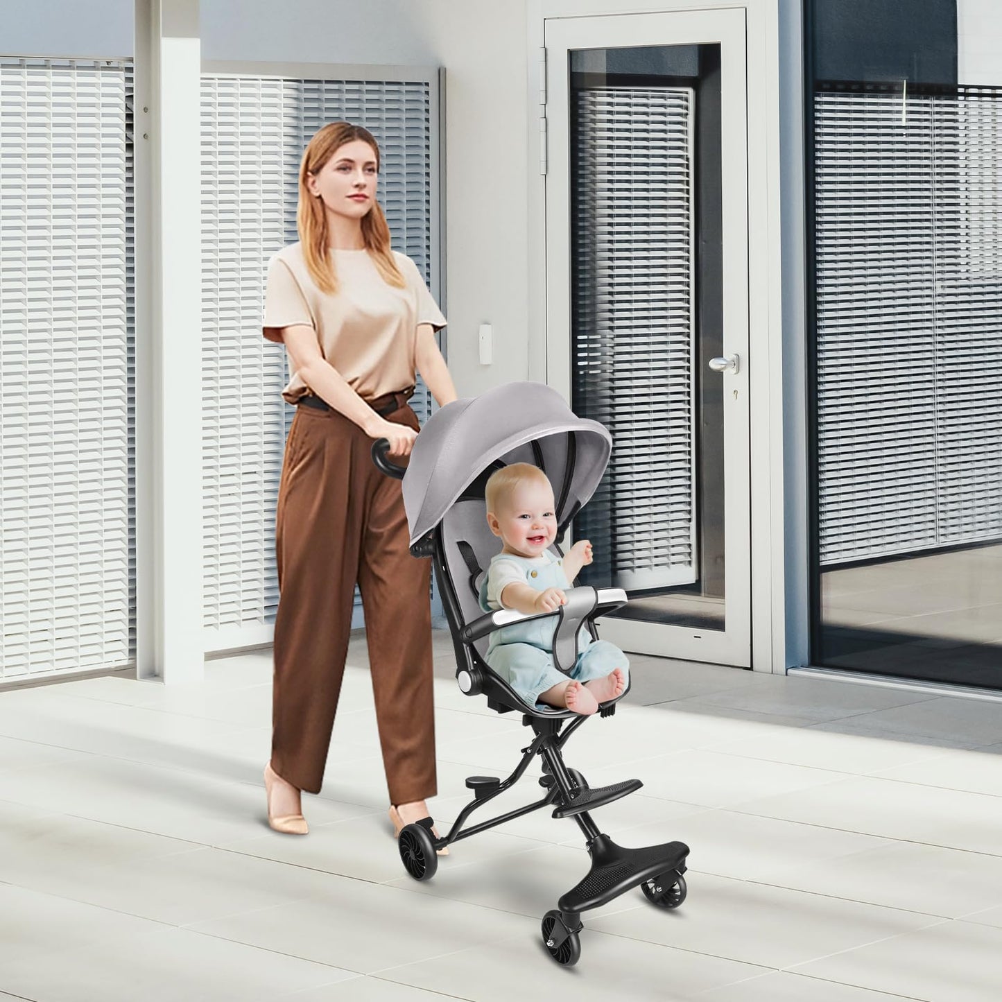 Buggy für Babys, ultraleicht, kompakt, faltbar und neigbar, von Geburt bis 25 kg, mit Trolley-System, Regenschutz inklusive, ausziehbarer Haube, C-schwarz