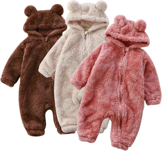 Baby Winter Fleeceoverall mit Kapuze, Bärenohren und Reißverschluss Braun