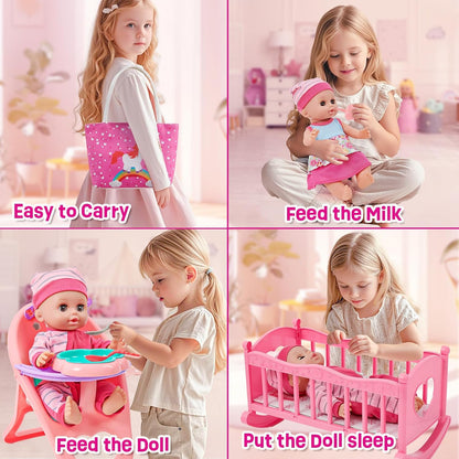 Tacobear Baby Puppe Zubehör Babypuppe Pflegeset Spielzeug,30cm Interaktive Puppen mit Sound, Puppenkleidung, Nippel, Windeln, Kinderbett, Hochstuhl, Spielzeug Geschenk für Mädchen 3 4 5 6 Jahre