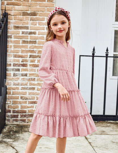 Arshiner Dress Girls Festive Flounce V-Neck Long Sleeve Dress Swiss Dot Chiffon Dress Children Tiered Dress A-Line Party Dress Wedding Princess Dress Swing Skater Dress 5-12 Years 