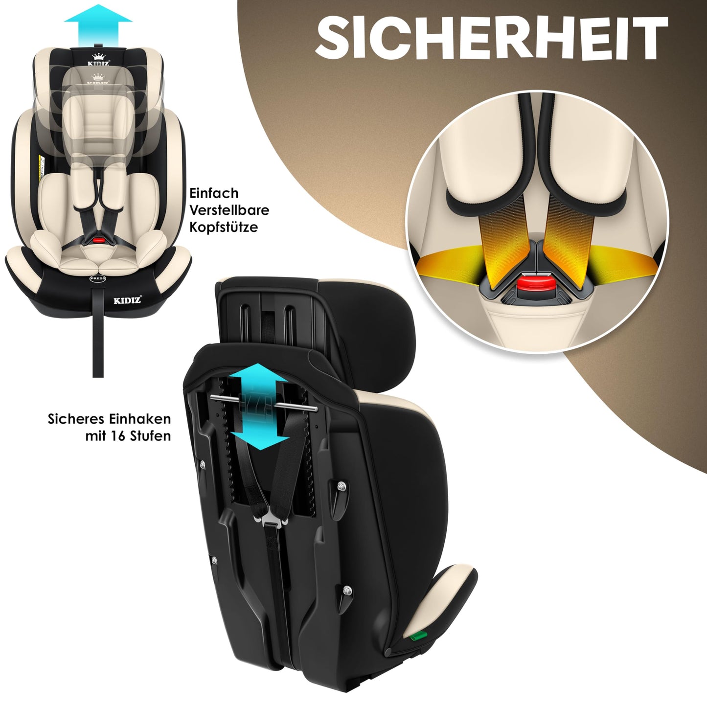 KIDIZ® Autokindersitz Kinderautositz Gruppe 1+2+3 9-36 kg 5-Punkt-Sicherheitsgurt, Autositz, Kindersitz, Einstellbare Kopfstütze, Mitwachsende Sitzerhöhung 1-12 Jahre, Stabil und Sicher