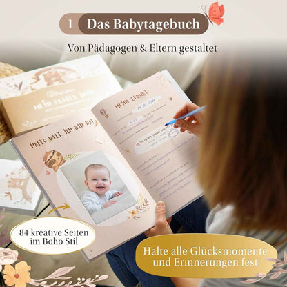 EULENTALER® Mein erstes Jahr I Die Erinnerungsbox 3in1 Sparset I Von Pädagogen gestaltet I Babyalbum, Meilensteinkarten, Baby Abdruckset I Geschenke zur Geburt & Babyparty I Für Jungen & Mädchen