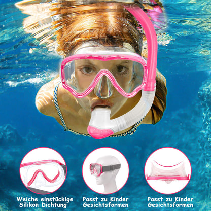 Vvinca Snorkel Set Children from 4-14 Years Diving Goggles with Snorkel Diving Set Girls Boys 180° Anti-Fog Anti-Leak Adjustable Elastic Swimming Goggles Snorkel Mask Dry Snorkel Pink