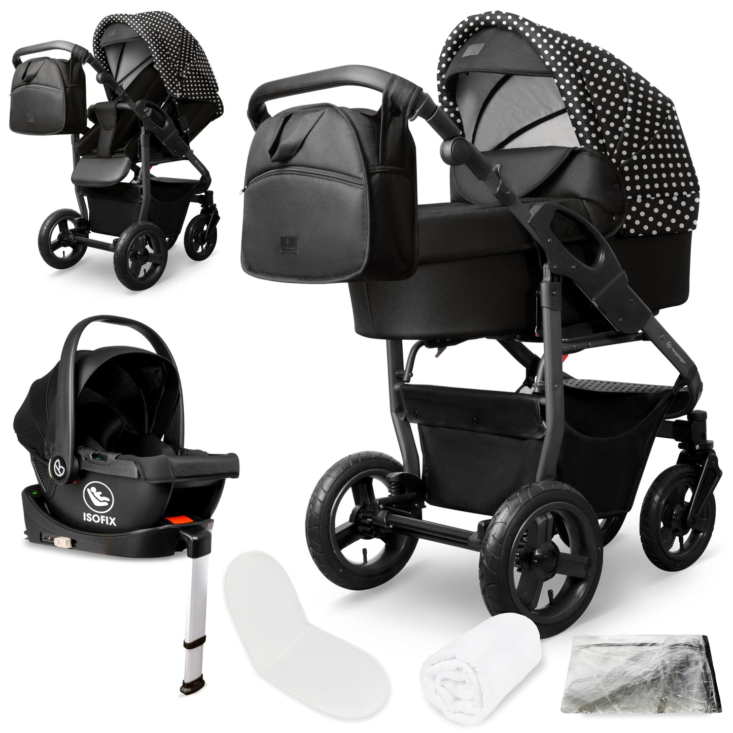 Bergsteiger Capri 3-in-1 Combination Pushchair - Baby Carrier, Sports Seat & i-Size Baby Seat, Pneumatic Tyres, Suspension, Height-Adjustable Handle, Foldable, Accessories