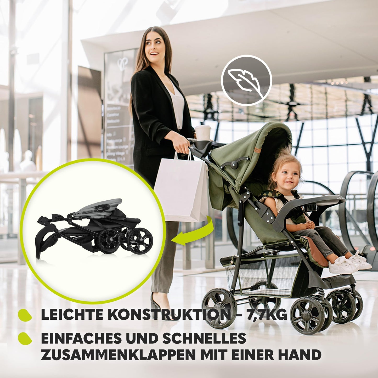 LIONELO Emma Plus Kinderwagen bis zu 15 kg, Kindersportwagen, leicht modern klein Buggy mit Liegeposition, zusammenklappbar, große Räder, großer Korb, Tasche Stone