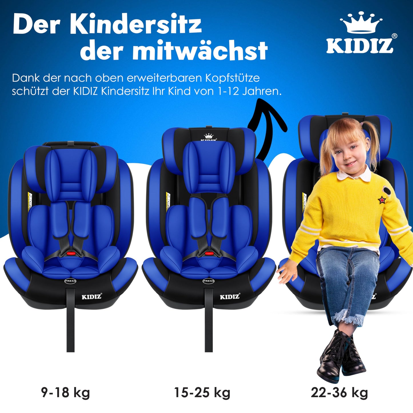 KIDIZ® Autokindersitz Kinderautositz Gruppe 1+2+3 9-36 kg 5-Punkt-Sicherheitsgurt, Autositz, Kindersitz, Einstellbare Kopfstütze, Mitwachsende Sitzerhöhung 1-12 Jahre, Stabil und Sicher