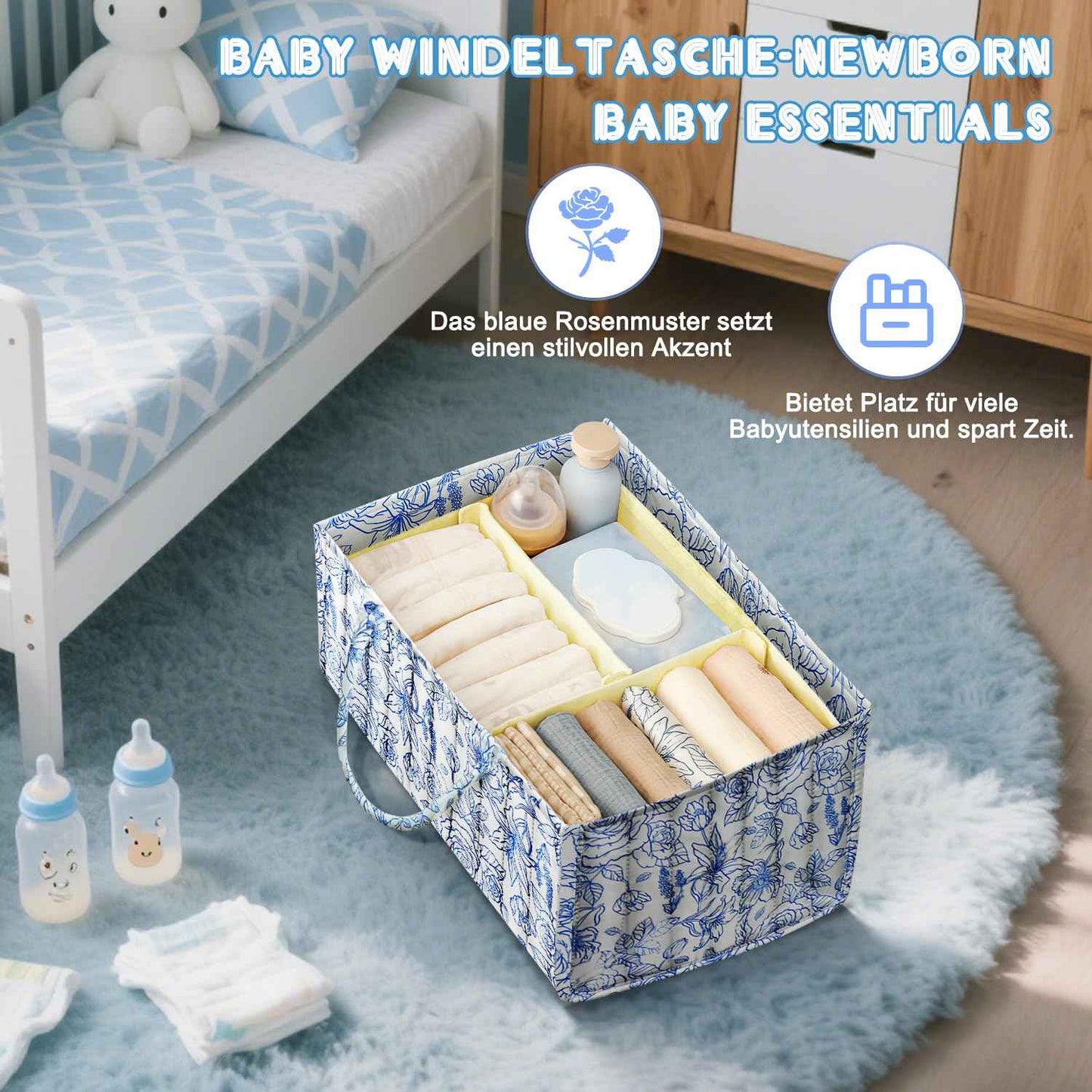 Changing Table Organiser, Baby Changing Table Organiser, Nappy Bag with Compartments and Handles, Newborn Baby Essentials, Gift Basket for Changing Children, Storage Basket for Changing Table