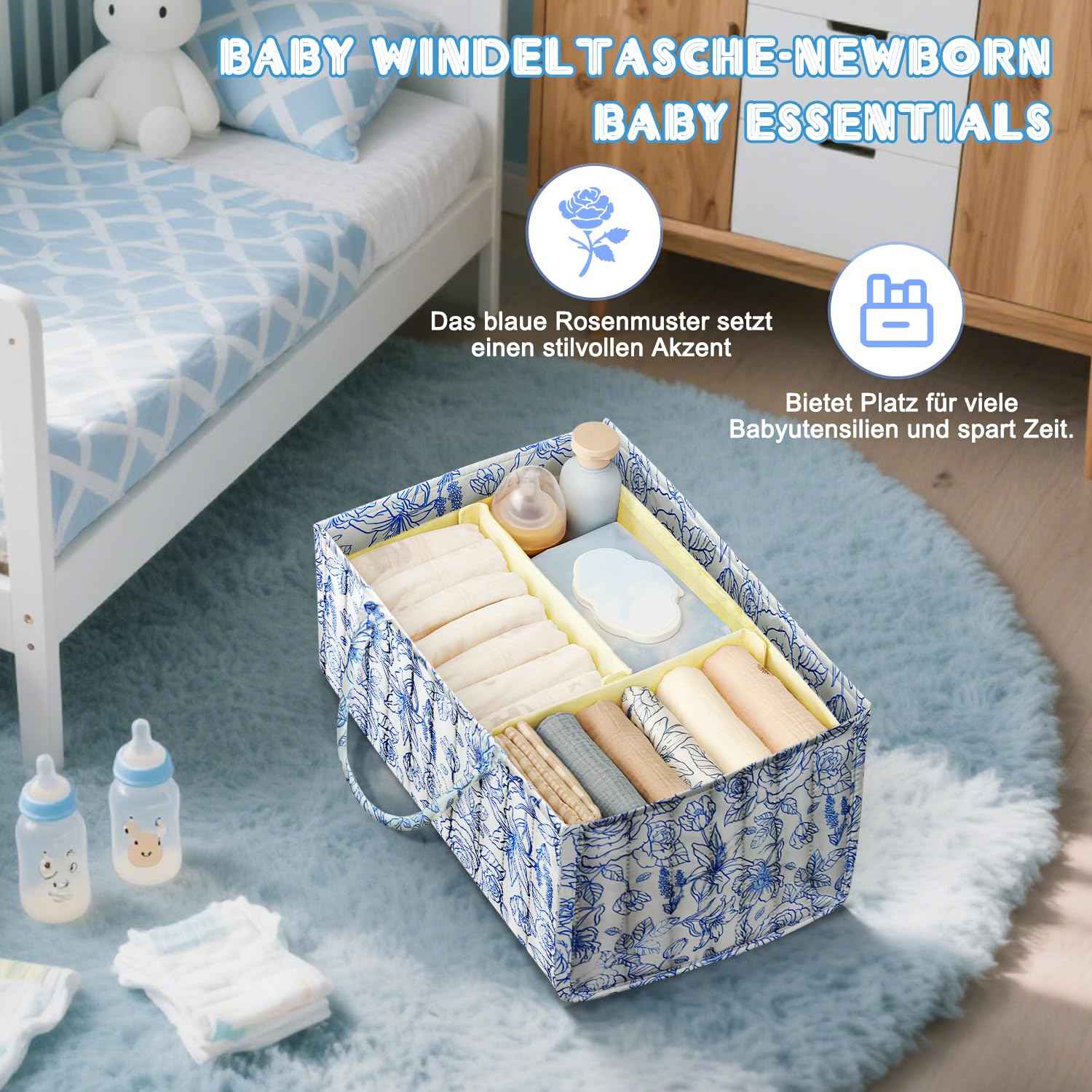 Changing Table Organiser, Baby Changing Table Organiser, Nappy Bag with Compartments and Handles, Newborn Baby Essentials, Gift Basket for Changing Children, Storage Basket for Changing Table