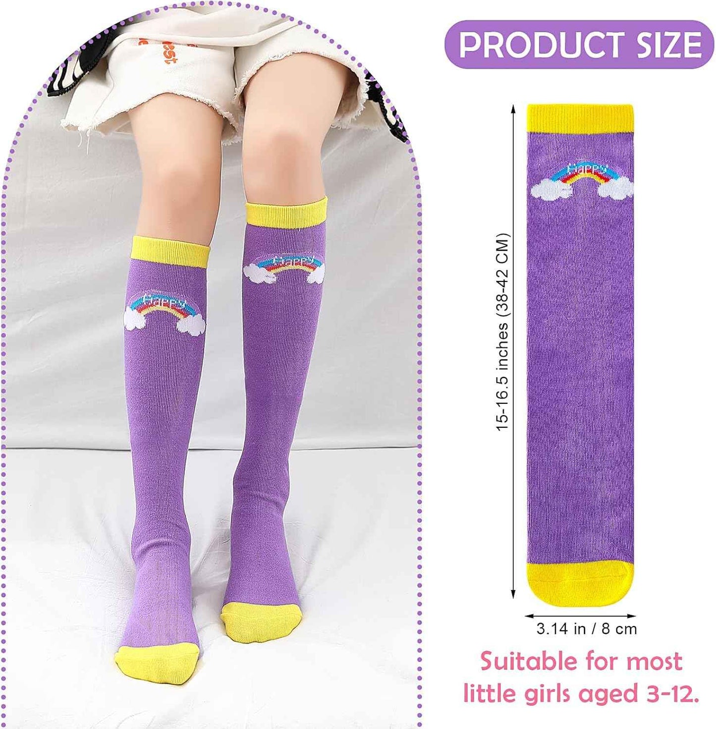 XEPST 6 Pairs Girls Knee Socks - Cartoon Design Warm Cotton Knee Socks Mid-Calf Boots Socks Funny Socks for School Odd Socks Day 3-12 Years Girls One Size Rainbow, rainbow