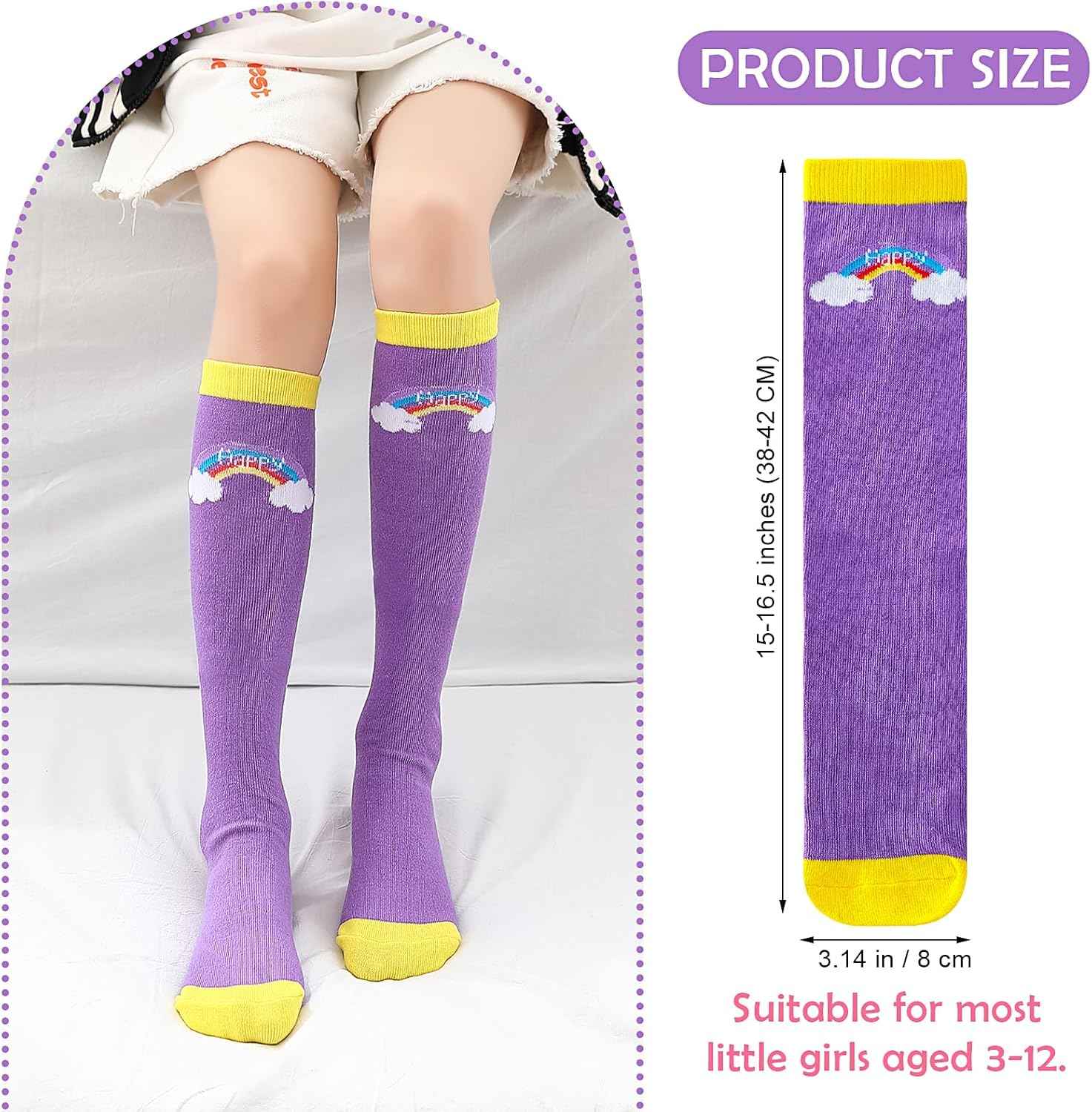 XEPST 6 Pairs Girls Knee Socks - Cartoon Design Warm Cotton Knee Socks Mid-Calf Boots Socks Funny Socks for School Odd Socks Day 3-12 Years Girls One Size Rainbow, rainbow