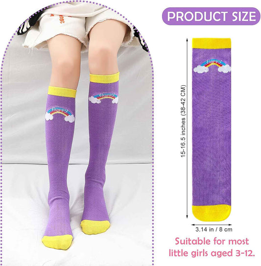 XEPST 6 Pairs Girls Knee Socks - Cartoon Design Warm Cotton Knee Socks Mid-Calf Boots Socks Funny Socks for School Odd Socks Day 3-12 Years Girls One Size Rainbow, rainbow