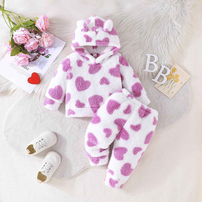 Kunyeah 2pcs Baby Girls Fleece Clothing Toddler Plush Pullover Sweatshirt Newborn Long Sleeve Top Trousers Set Warm Hoodies Outfit