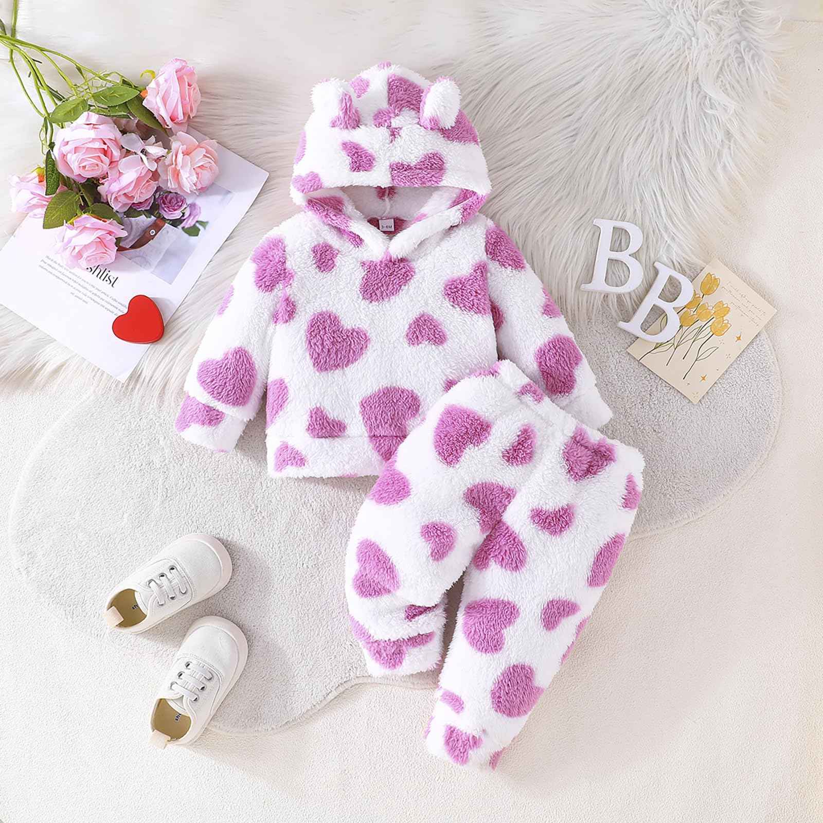 Kunyeah 2pcs Baby Girls Fleece Clothing Toddler Plush Pullover Sweatshirt Newborn Long Sleeve Top Trousers Set Warm Hoodies Outfit