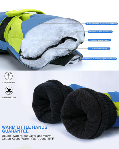 ThxToms Children's Ski Gloves, Winter Snow Ski Gloves, -15°C, Windproof, Waterproof, Warm, PU Thickened Cold Weather, Outdoor Sports, Snowboarding, Skiing, Bike, for Boys and Girls aged 3-13 Years Old