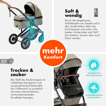 Daliya® FLEXI-PRO M 2in1 Kombikinderwagen & Buggy – XXL-Set, Reise-Kinderwagen mit Einhand-Abnahme, Wetterschutz, Sportsitz, Wickeltasche, Spieltisch, Regenschutz, dicke Matratze (Olivgrün)