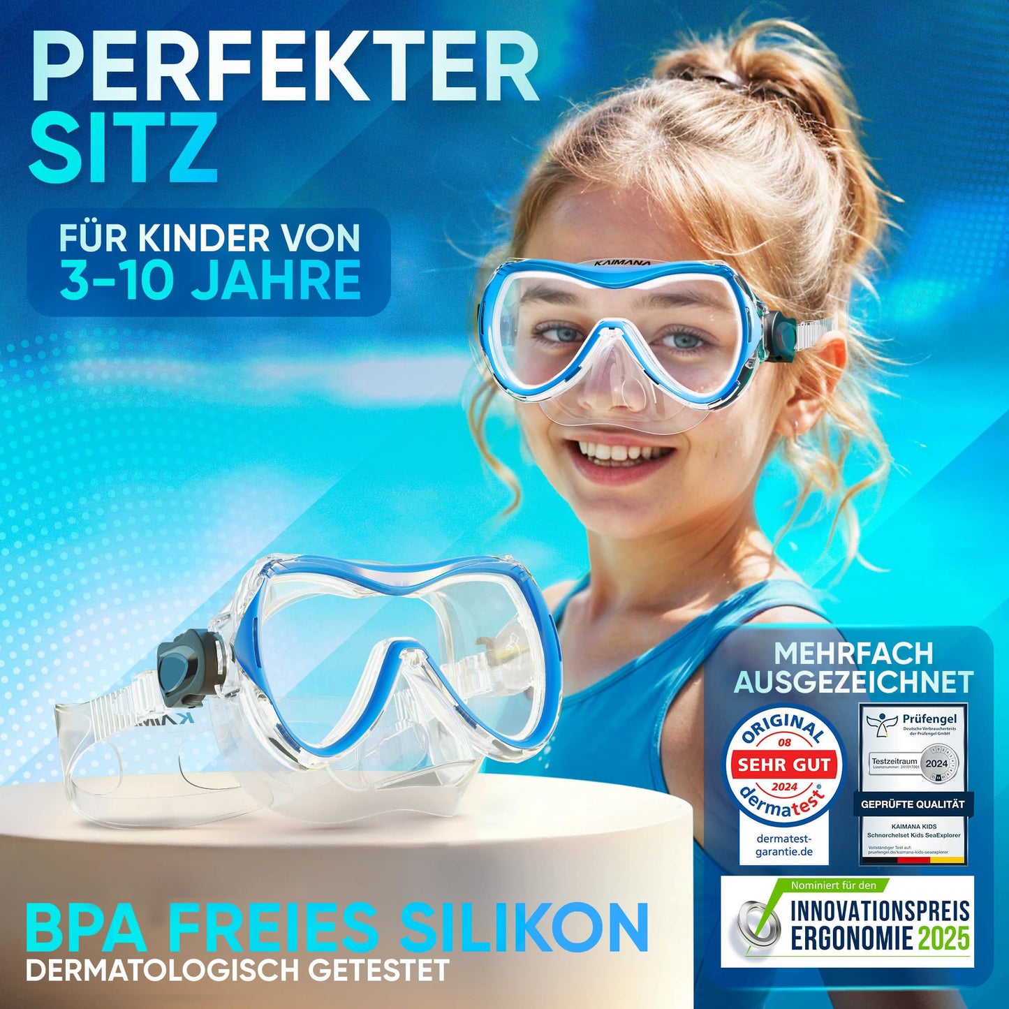 Das Neue KAIMANA® SeaExplorer Schnorchelset Kinder + Tragetasche, Taucherbrille mit Schnorchel, Taucherbrille Kinder, Alternative zur Schnorchelmaske Kinder, Taucherbrille mit Stoffband/Silikonband