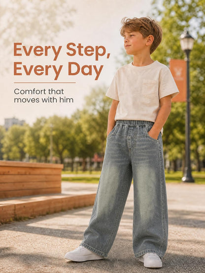 Baggy Jeans Jungen Weites Bein Gummibund Denim Jeanshosen Gr.120-170 | Baumwolle Lässige kinder Jeans Jungen Elastischer Freizeithose für 5-14 Jahren