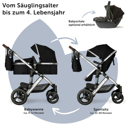 Bergsteiger Nizza 3 in 1 Kinderwagen, Kombikinderwagen Komplettset, Auto-Babyschale & Isofix Station, Babywanne & Buggy Sportsitz inklusive