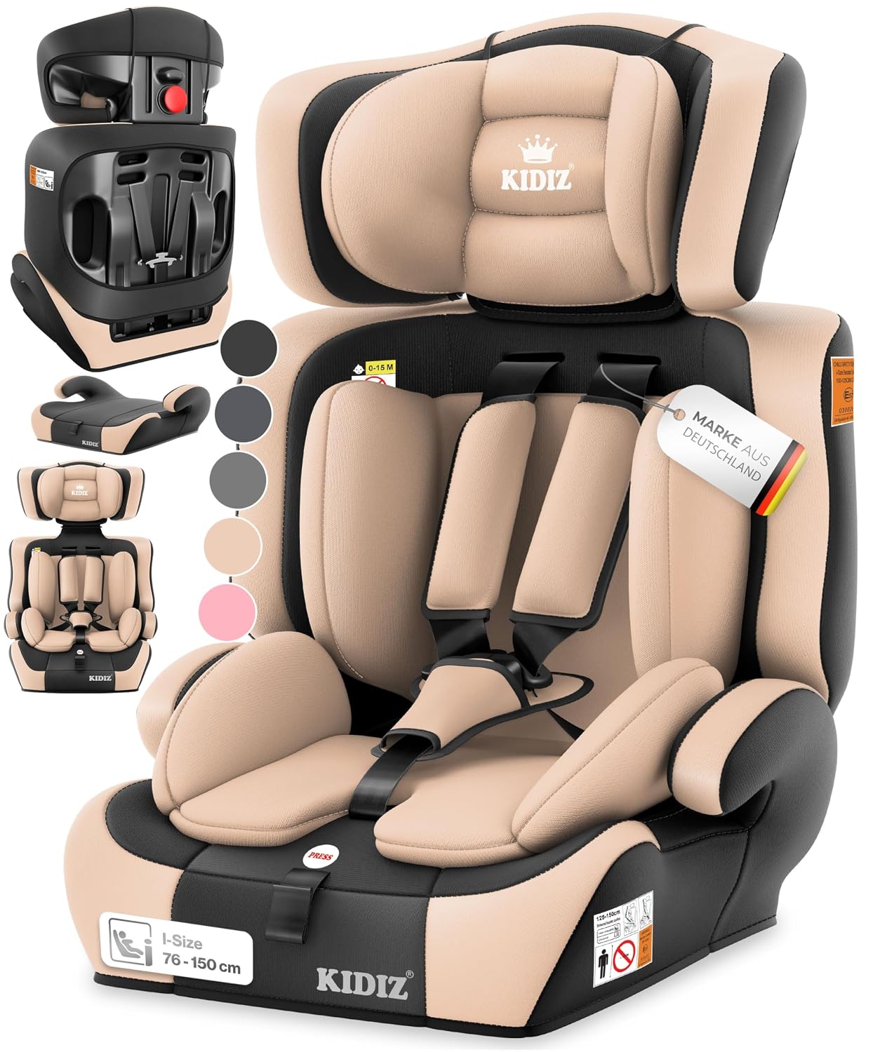 Autokindersitz mit Isofix i-Size R129 100-150cm bis 12 Jahre, Kinderautositz Gruppe 1/2/3, mitwachsender Kindersitz, 5-Punkt-Gurt & höhenverstellbare Kopfstütze, Sitzerhöhung Auto, Schwarz