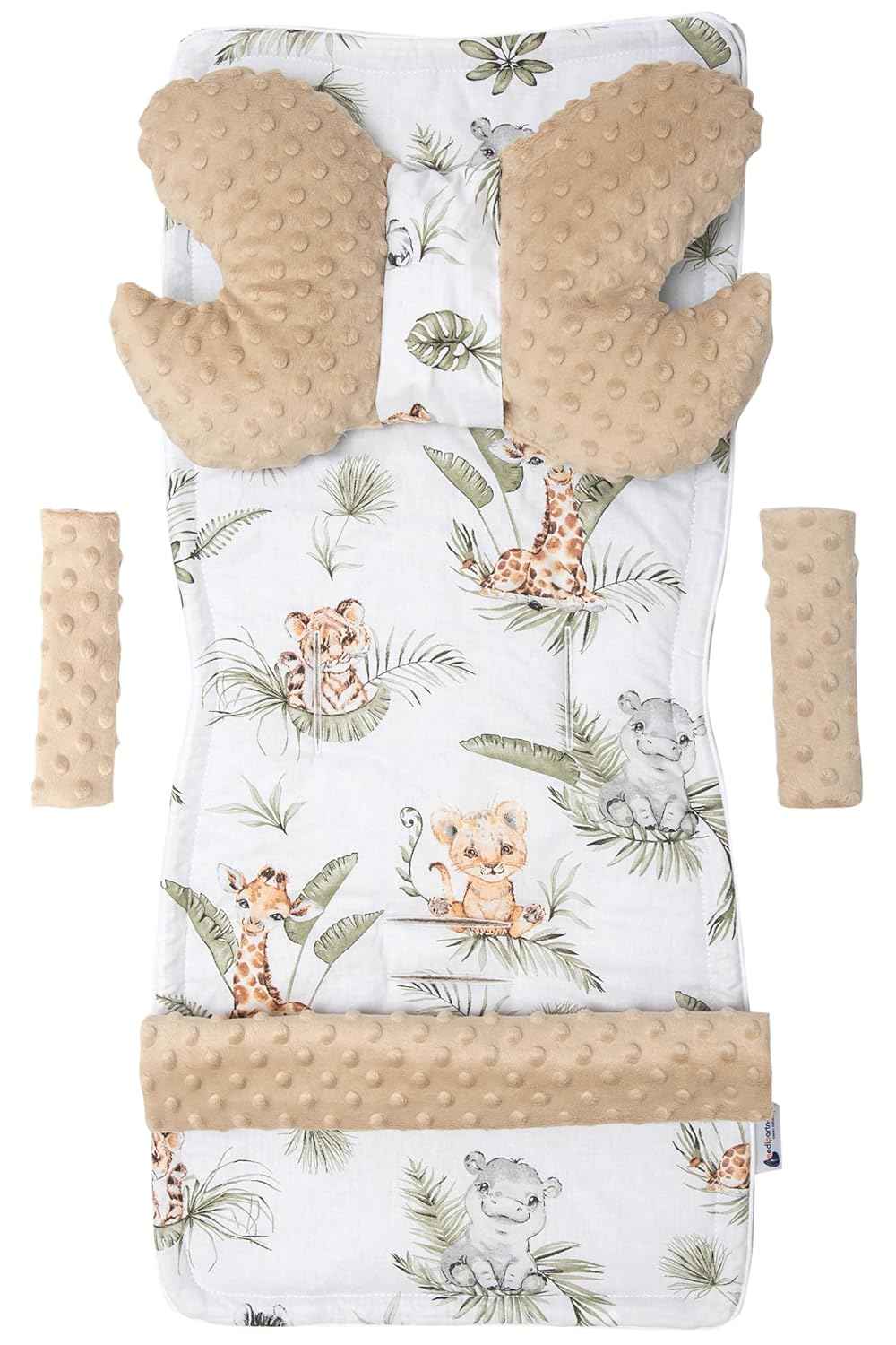 Medi Partners Sitzauflage Kinderwagen Buggy Baby Sommer Kindersitz Einlage Universal - 5tgl Gurtpolster + Spielbogen Kinderwagenset Babyschale (Safari mit beige Minky)