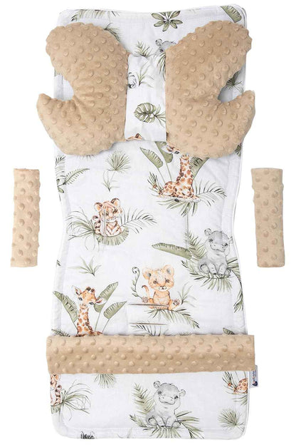 Medi Partners Sitzauflage Kinderwagen Buggy Baby Sommer Kindersitz Einlage Universal - 5tgl Gurtpolster + Spielbogen Kinderwagenset Babyschale (Safari mit beige Minky)