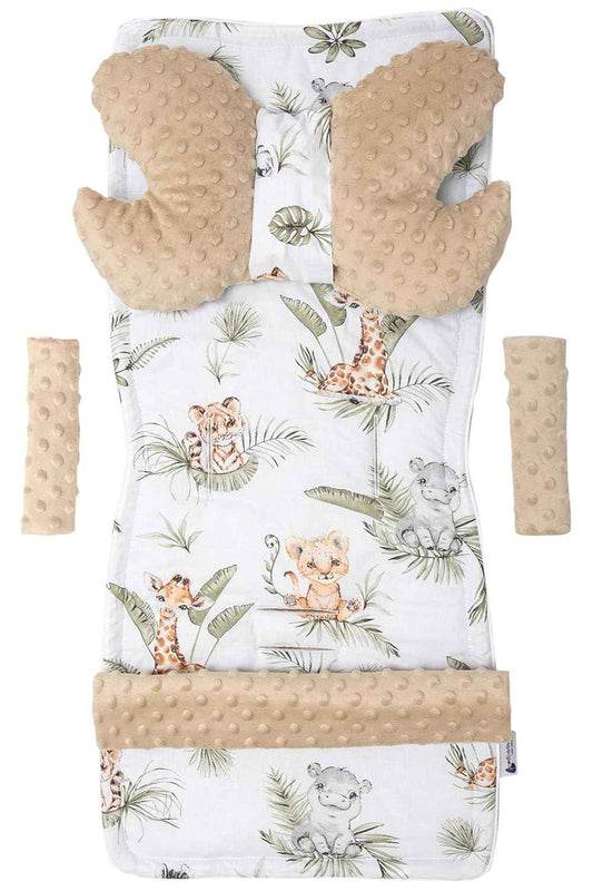 Medi Partners Sitzauflage Kinderwagen Buggy Baby Sommer Kindersitz Einlage Universal - 5tgl Gurtpolster + Spielbogen Kinderwagenset Babyschale (Safari mit beige Minky)