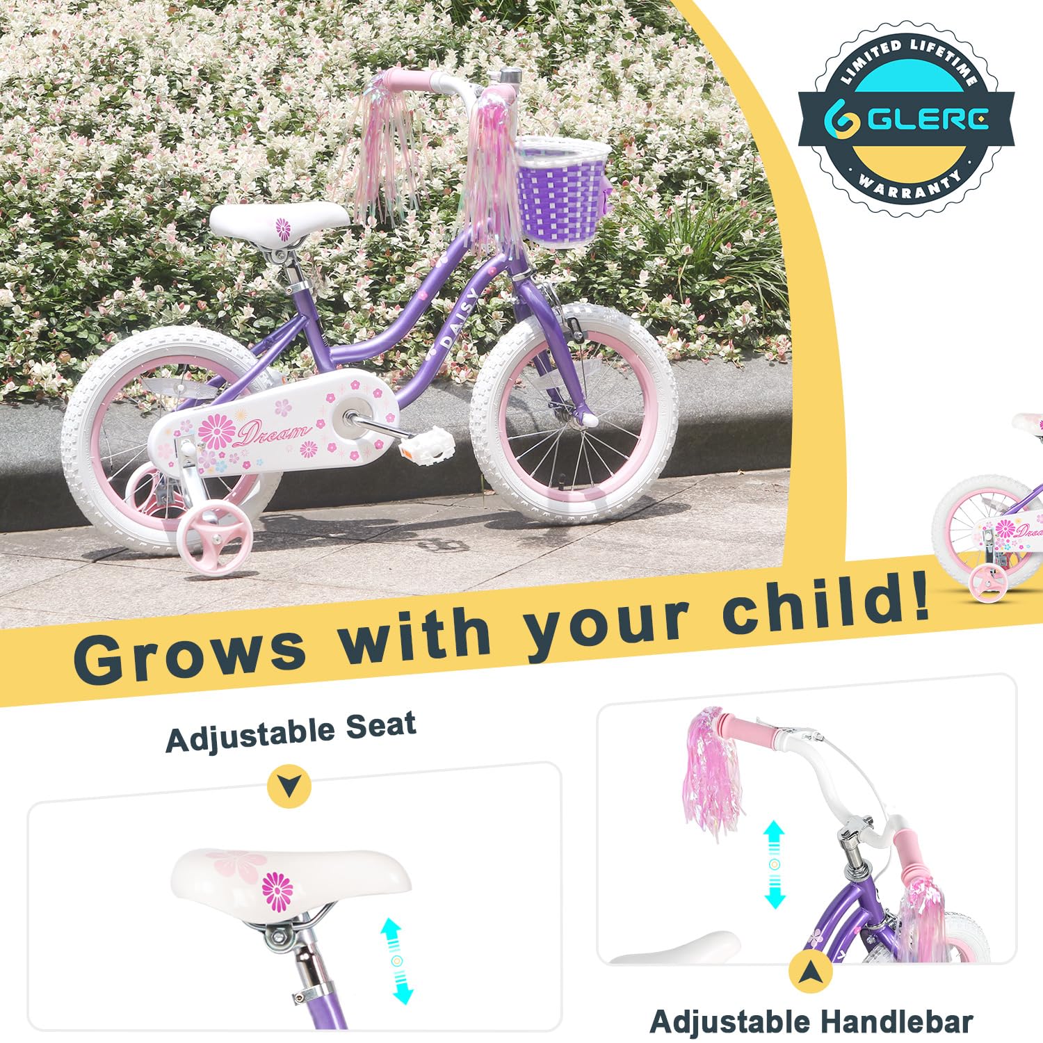 Glerc Kinderfahrrad 12/14/16 Zoll für 2-7 Jahre Mädchen Fahrrad mit Korb, Luftschlangen, Stützräder und Glocke - Meloni2