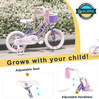 Glerc Kinderfahrrad 12/14/16 Zoll für 2-7 Jahre Mädchen Fahrrad mit Korb, Luftschlangen, Stützräder und Glocke - Meloni2