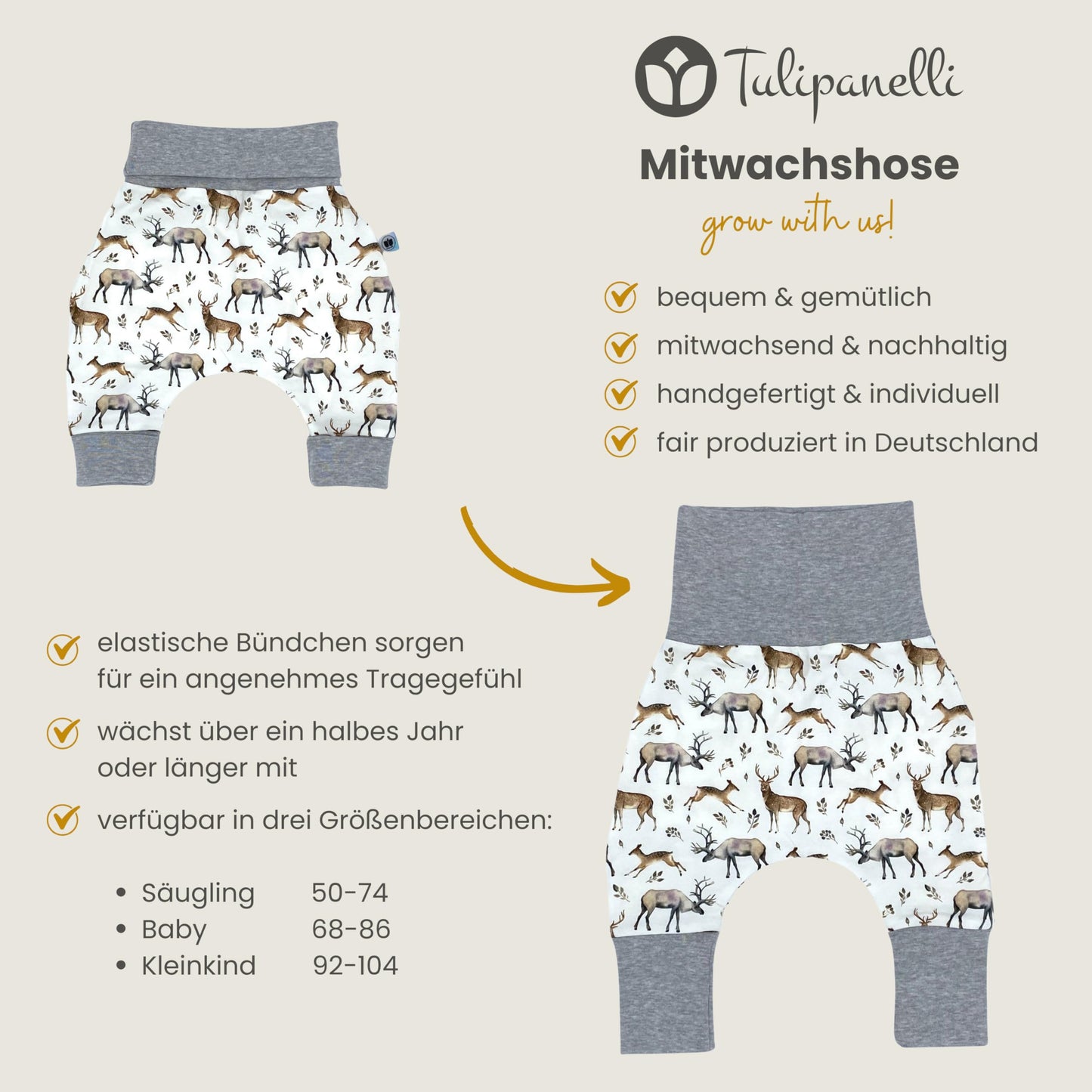 Baby Baggy Trousers, Handmade Cotton Jersey Grow Trousers, Sizes 50-74, 68-86, 92-104, Wide Waistband (Wild Life, 50-74)