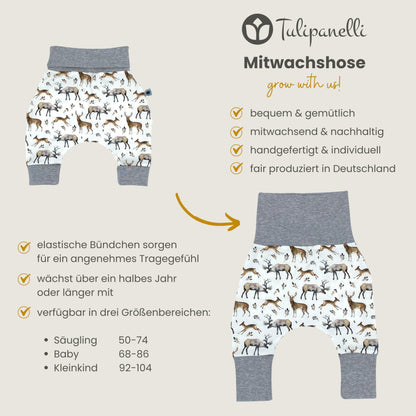 Baby Baggy Trousers, Handmade Cotton Jersey Grow Trousers, Sizes 50-74, 68-86, 92-104, Wide Waistband (Wild Life, 50-74)
