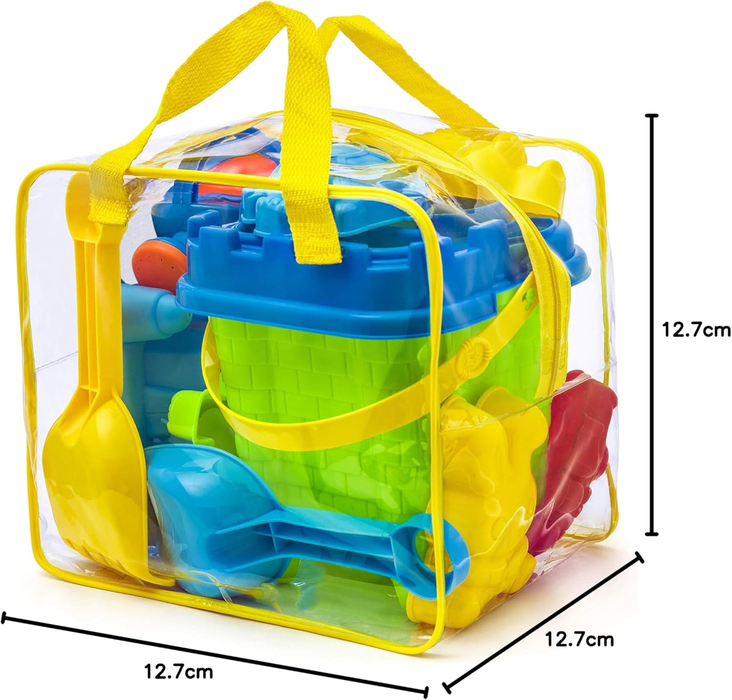 Prextex 12-Teiliges Strand-Und-Sandspielzeug-Set in Wiederverwendbarer Tasche mit Reißverschluss - Eimer mit Sieb, Spaten, Rechen, Gießkanne, Sandformen für Tiere und Burgen, 25.4 x 17.8 cm