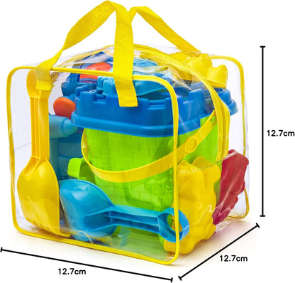 Prextex 12-Teiliges Strand-Und-Sandspielzeug-Set in Wiederverwendbarer Tasche mit Reißverschluss - Eimer mit Sieb, Spaten, Rechen, Gießkanne, Sandformen für Tiere und Burgen, 25.4 x 17.8 cm