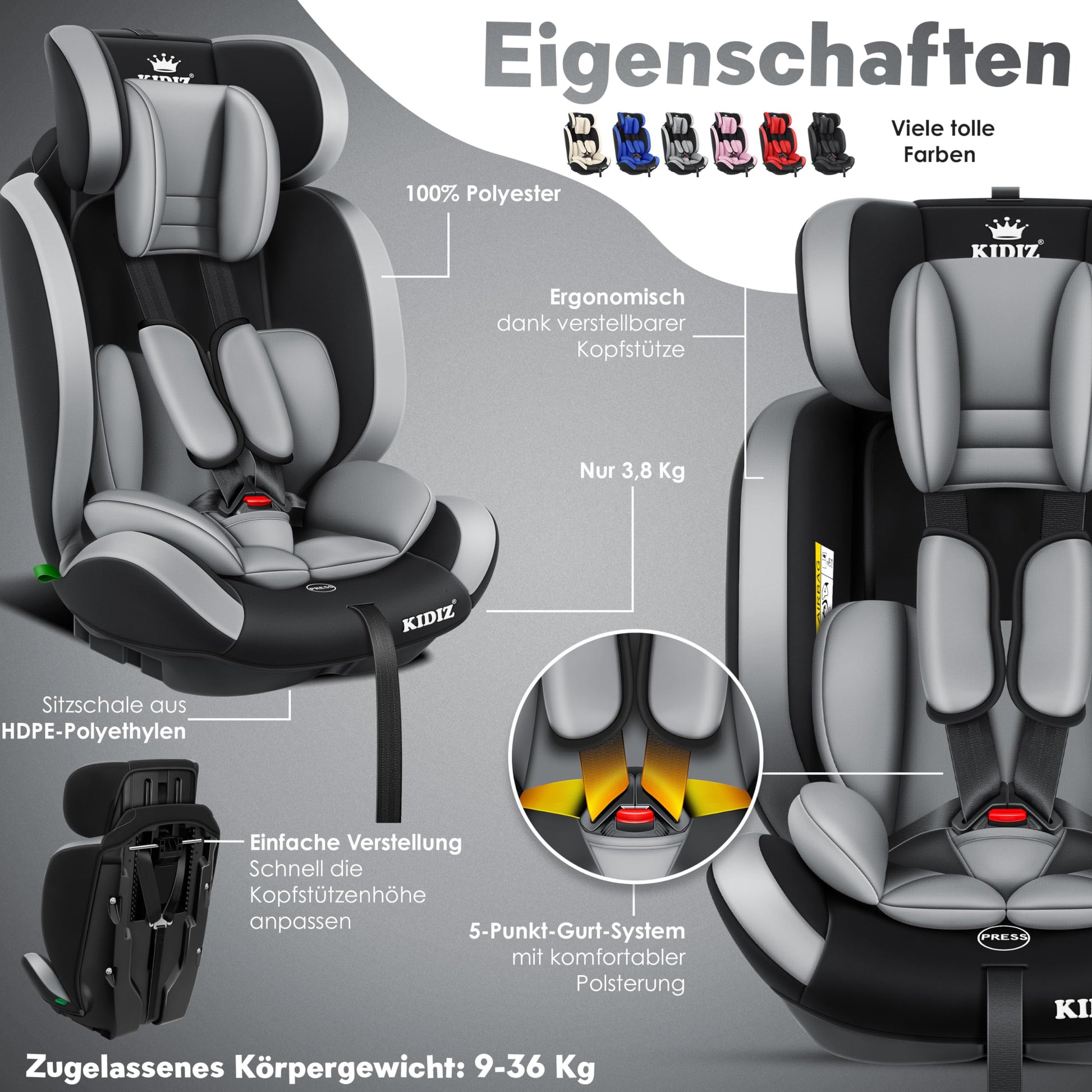 KIDIZ® Autokindersitz Kinderautositz Gruppe 1+2+3 9-36 kg 5-Punkt-Sicherheitsgurt, Autositz, Kindersitz, Einstellbare Kopfstütze, Mitwachsende Sitzerhöhung 1-12 Jahre, Stabil und Sicher - Meloni2