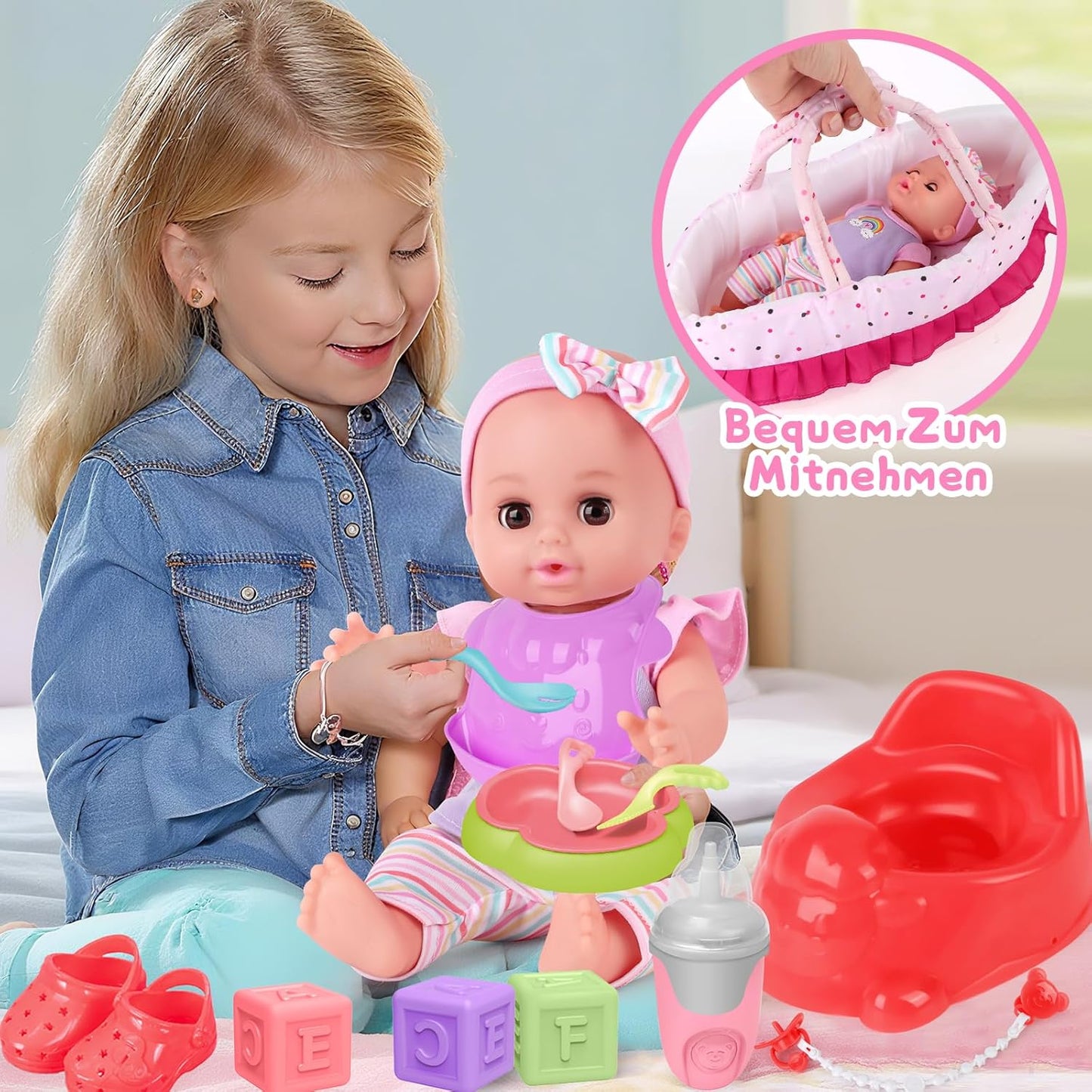 YOOHBERRYS Doll Set Children's Toy, 30 cm Baby Doll Play Set, Toy Doll Doll with Clothes and Accessories, Doll Bed, Doll Carrier, Dummy, Potty, Bottle, Christmas Birthday Gift