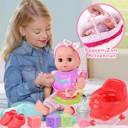 YOOHBERRYS Doll Set Children's Toy, 30 cm Baby Doll Play Set, Toy Doll Doll with Clothes and Accessories, Doll Bed, Doll Carrier, Dummy, Potty, Bottle, Christmas Birthday Gift