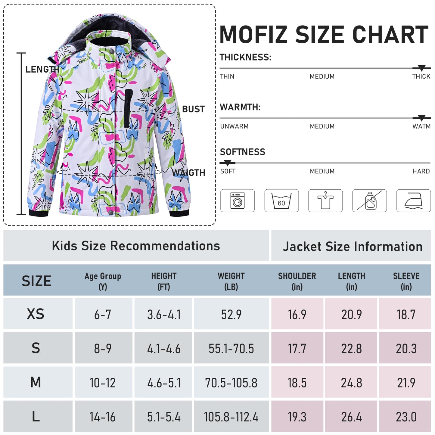 MoFiz Girls' Winter Jacket, Ski Jacket, Children's Softshell Jacket, Fleece Lining, Windproof, Outdoor Jacket with Hood