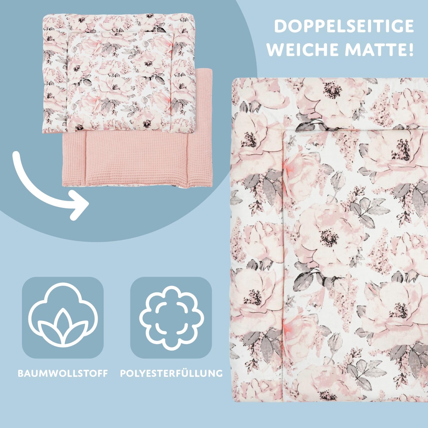 Wickelauflage Wickelunterlage aus Baumwolle 75x72 cm - Weich und waschbar Wickelunterlage für Babys Wickelmatte aus Stoff für Wickeltisch Wickelkommode oder Waschmaschine 75 x 72 Wilde Rose