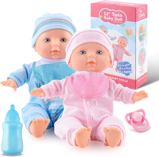 Toy Choi's Twin Puppe Set - 32cm Baby Puppen Für Kleinkinder ab 1 Jahr, mit Strampler und Hut, Schnuller und Puppenlätzchen, weiches Babypuppen Spielzeug Vorschulgeschenk