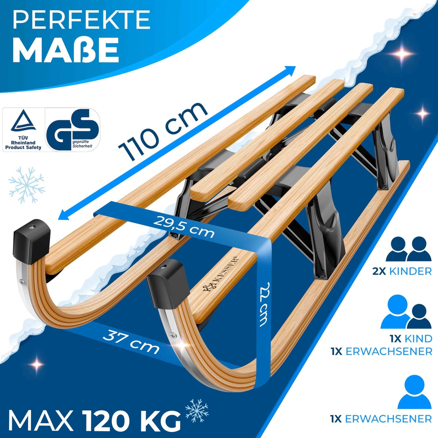 KESSER® Wooden Sledge Premium Children's Folding Sledge Made of Beech Wood Including Pull Rope Slider Metal Runners