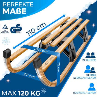 KESSER® Wooden Sledge Premium Children's Folding Sledge Made of Beech Wood Including Pull Rope Slider Metal Runners