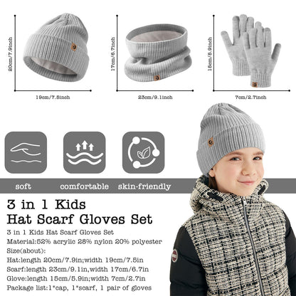 MARUKO Children's Winter Hat Scarf Gloves Set 3 in 1, Toddler Knitted Beanie Neck Warmer, Thick Fleece Thermal Knit Hat Scarf Gloves Set for Children Aged 2-8