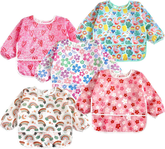 PandaEar 5 Pack Baby Bibs with Sleeves | Washable Sleeved Bibs | Waterproof Baby Bibs with Sleeves for Toddlers 6-24 Months 
