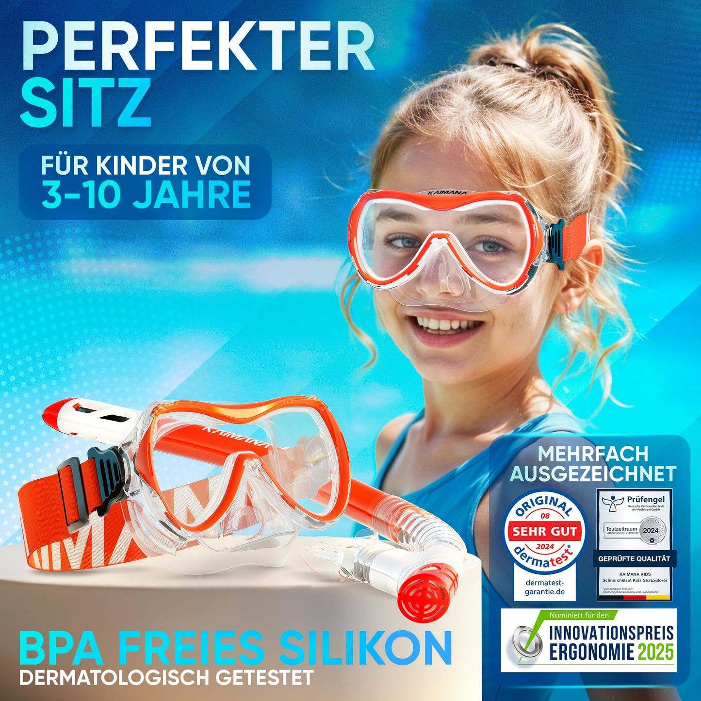 Das Neue KAIMANA® SeaExplorer Schnorchelset Kinder + Tragetasche, Taucherbrille mit Schnorchel, Taucherbrille Kinder, Alternative zur Schnorchelmaske Kinder, Taucherbrille mit Stoffband/Silikonband