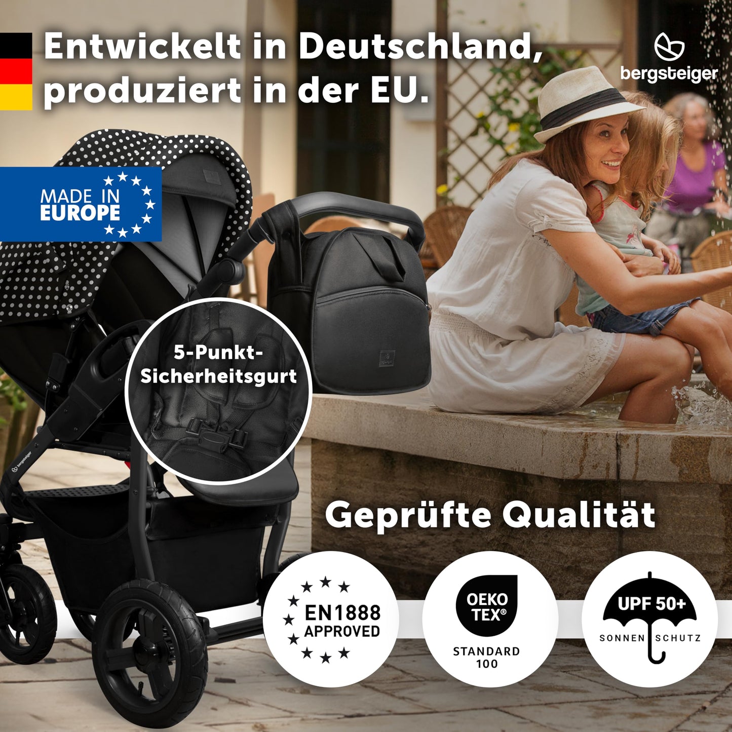 Bergsteiger Capri 3-in-1 Combination Pushchair - Baby Carrier, Sports Seat & i-Size Baby Seat, Pneumatic Tyres, Suspension, Height-Adjustable Handle, Foldable, Accessories